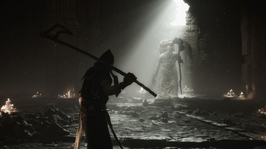 Player carrying a halberd faces a pale robed giant beneath a shaft of light in a ruined cathedral