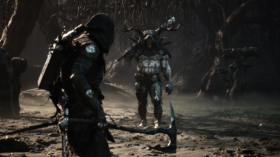 Antlered, tattooed brute confronting the player in a dark twisted forest